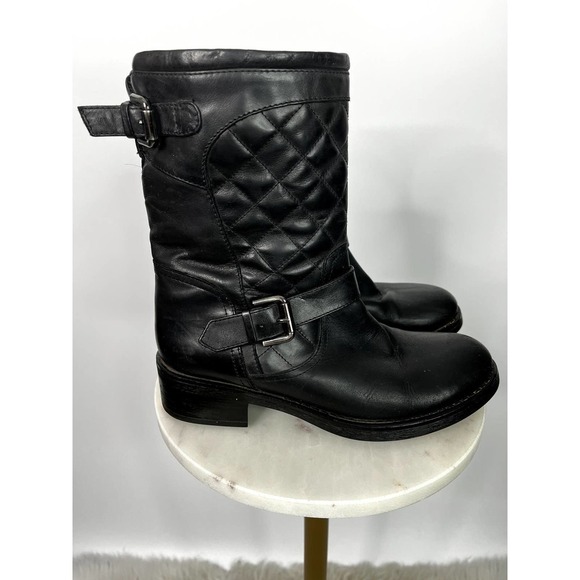 Aquatalia Black Lynn Women's Quilted Moto Buckle Leather Buckle Boots/Booties
